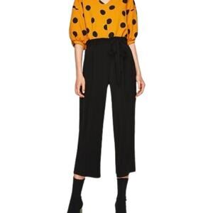 ZARA Trousers Dress Pants Belted Black Elastic Waist Cropped Capri Career M